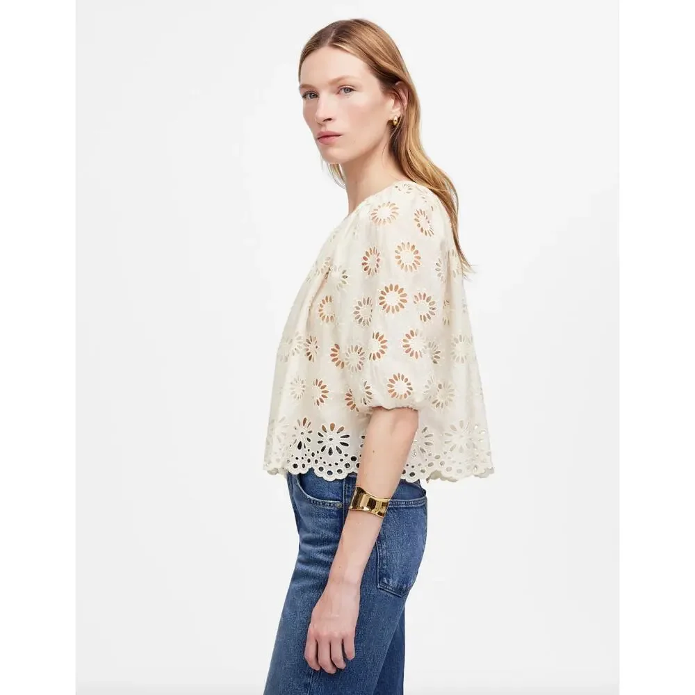Madewell Embroidered Shirred Puff Sleeve Top Blouse Floral Eyelet Cream XXS NWT
